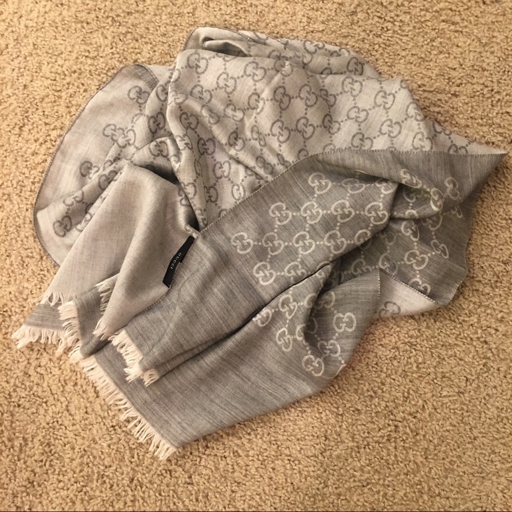 Gucci silver grey silk wool GG logo scarf